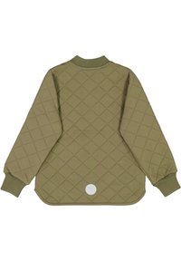 Gequilted olijfgroene jas met een ronde zoom, ribgebreide manchetten en een cirkelvormige witte accent aan de achterkant. Heeft een ruitvormig stikpatroon.