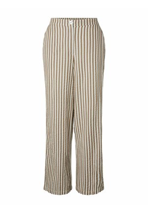 Pantalon à jambes larges rayé vertical beige et blanc taille haute, avec fermeture à boutons et zip à l'avant.