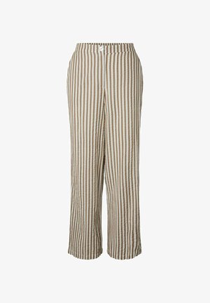 Kõrge vöökohaga beežid ja valged vertikaalse triibuga laiade jalgadega püksid, millel on ees nööp ja tõmblukk.