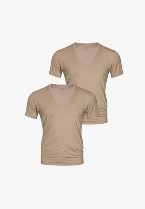 Beige v-neck t-shirts, short sleeves, made of smooth fabric, with a fitted design and minimal seams, presented in a pack of two.