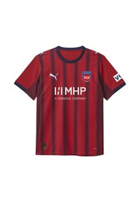 Röd fotbollströja med mörka vertikala ränder, rund hals och korta �ärmar. Har Puma-logotyp, sponsortext och klubbmärke på bröstet.