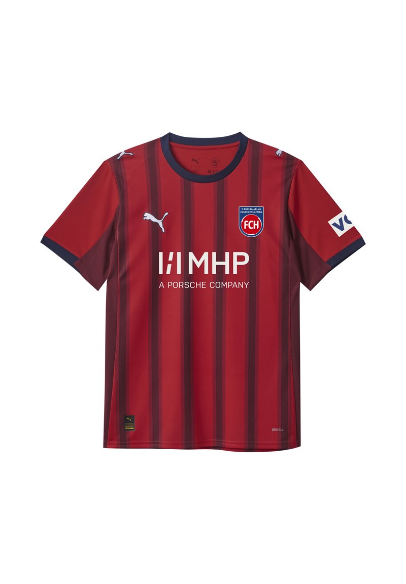 Röd fotbollströja med mörka vertikala ränder, rund hals och korta ärmar. Har Puma-logotyp, sponsortext och klubbmärke på bröstet.