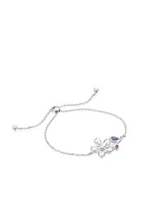 Bracciale d'argento con design floreale, dotato di una pietra centrale trasparente e due accenti in pietra viola. Catena regolabile con estremità a sfera.