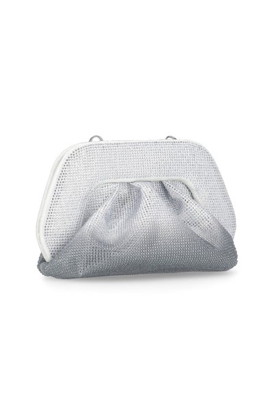 Borsa a rete argentata con forma arrotondata, superficie liscia e telaio in metallo. Presenta un design arricciato sul fronte e un bordo bianco.