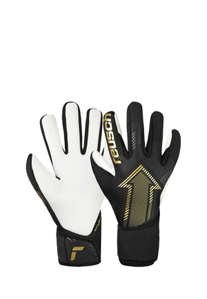 Pair of black and white goalkeeper gloves, one palm-up and one back-up showing gold Reusch logo and arrow design on the back.