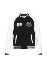 Fekete-fehér varsity dzseki gombos el�őlappal, bordázott mandzsettákkal és szegéllyel, két oldalzsebbel, valamint hímzett logókkal a mellrészen.