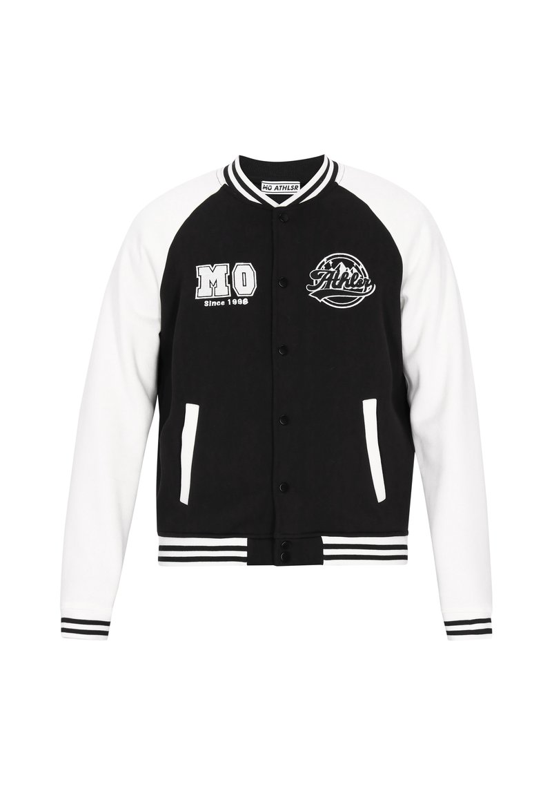 Fekete-fehér varsity dzseki gombos előlappal, bordázott mandzsettákkal és szegéllyel, két oldalzsebbel, valamint hímzett logókkal a mellrészen.