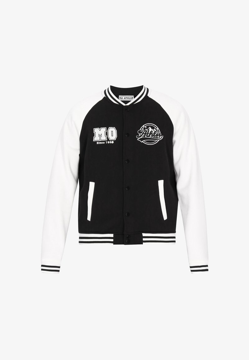 Jachetă varsity alb-negru, cu nasturi în față, manșete și tiv striate, două buzunare laterale și logo-uri brodate pe piept.