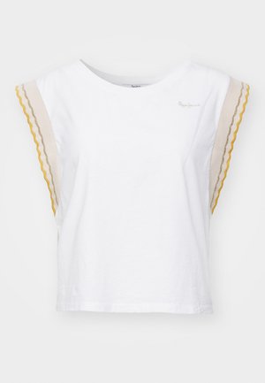 Valge puuvillane T-särk lühikeste, lainetlõikeliste varrukatega beeži, kollase ja hallina. Omab ümarat kaelust ja väikest brändi logo rinnal.