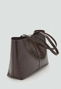 Brown crocodile-patterned tote bag with structured shape, dual handles, and smooth texture. Open top design with no visible hardware.