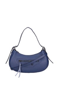 Borsa a mano blu in pelle con finitura testurizzata, forma curva, manico corto e tracolla regolabile, dotata di una tasca frontale con zip e dettagli con frange.