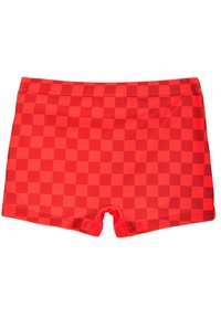 Red swim shorts featuring a checkerboard pattern with a smooth texture and elastic waistband, designed for comfort and flexibility.