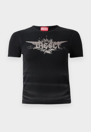Black short-sleeve t-shirt, ribbed fabric. Features silver graphic design with "Diesel" text and burst effect on the front. Round neck.