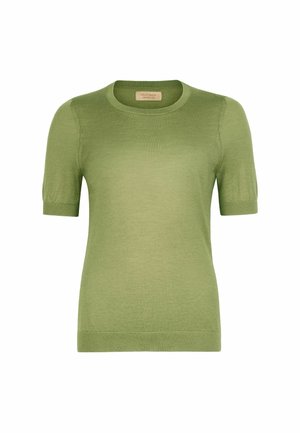 Lysegrøn kortærmet striktop med rund halsudskæring og ribkanter ved ærmekanter og nederkant, vist mod hvid baggrund.