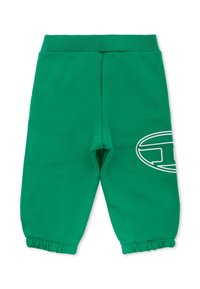 Groene trainingsbroek met een geribde tailleband en elastische boorden. Bevat een wit logo aan de linkerkant. Gemaakt van zachte stof.
