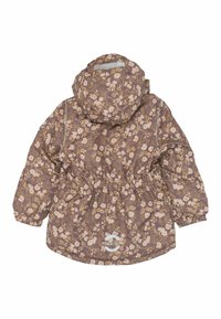 Brun blomsterprintet jakke med snøreliv, lange ærmer, hætte og elastiske manchetter. Indeholder et logo nederst.