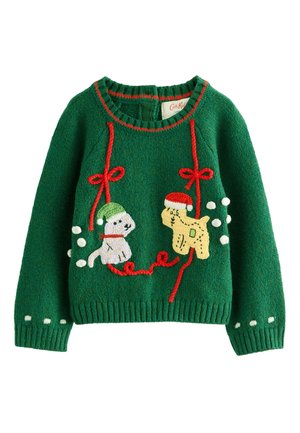 Green knitted sweater featuring embroidered dogs with festive hats, red bows, and white pom-poms. Ribbed cuffs and hem add texture.