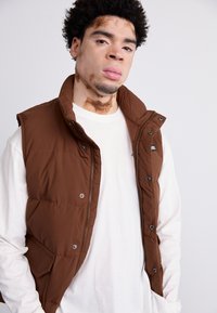 Bruin puffer vest met een hoge kraag, drukknoopsluiting en zijzakken, gedragen over een witte longsleeve shirt; gladde textuur.