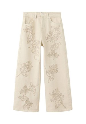 Beige Hose mit weitem Bein, Fronttaschen, Knopfverschluss und bestickten Blumen- und Blattmustern an beiden Beinen.