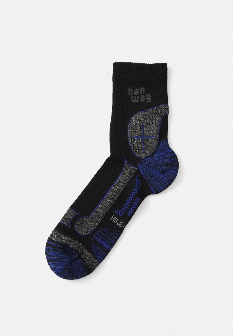 Črne pohodniške nogavice z modrimi in sivimi poudarki. Značilnosti vključujejo ojačane peto in prste, teksturirane vzorce ter rebrasto manšeto.