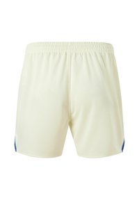 Crèmekleurige sportshorts met een elastische tailleband, voorzien van blauwe accenten aan de zijkant en een gladde, lichte stoftextuur.