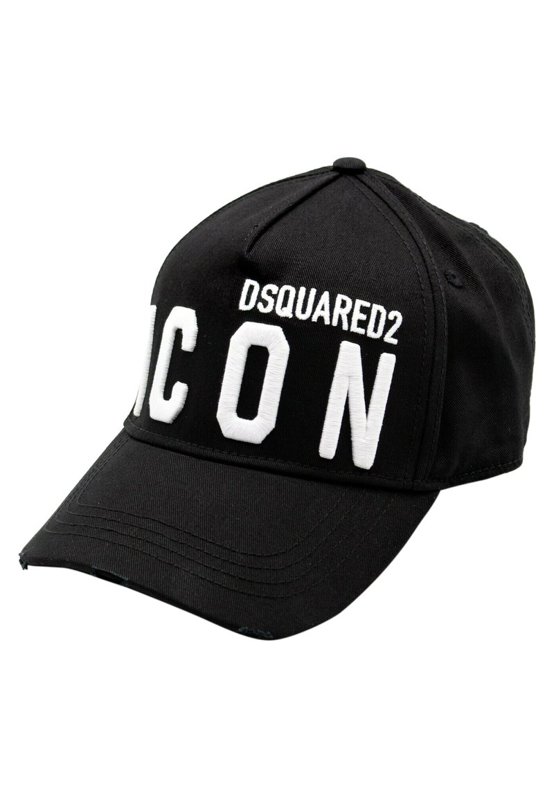 Casquette de baseball noire avec un texte blanc brodé portant la mention "DSQUARED2 ICON". Elle présente une visière courbée et un design standard à six panneaux.