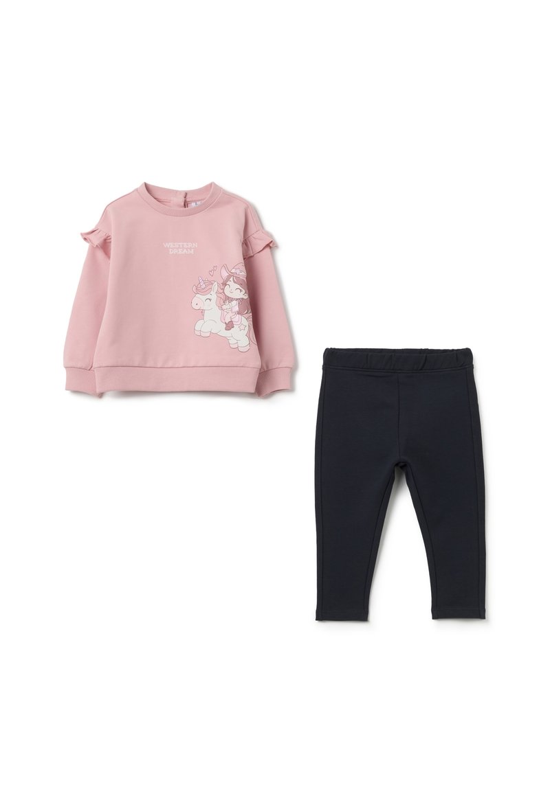 Roze fleece sweatshirt met geribde mouwen, voorzien van een eenhoornafbeelding en tekst. Zwarte stretchleggings met een elastische tailleband.