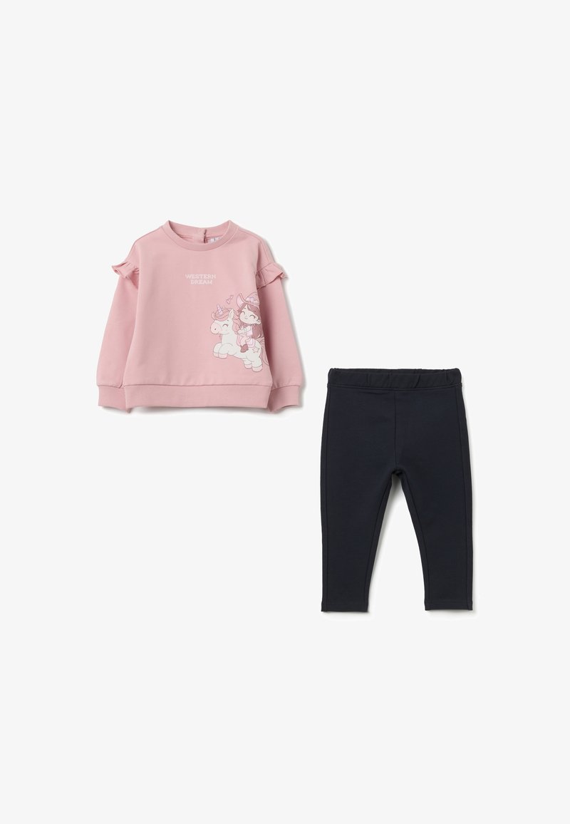 Roze fleece sweatshirt met geribde mouwen, voorzien van een eenhoornafbeelding en tekst. Zwarte stretchleggings met een elastische tailleband.