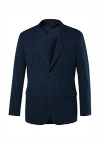 Marineblauer Blazer mit Nadelstreifen, mit Reverskragen, zwei Vordertaschen und einer Knopfverschluss; glattes Material und taillierte Passform.