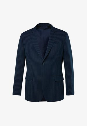 Marineblauer Blazer mit Nadelstreifen, mit Reverskragen, zwei Vordertaschen und einer Knopfverschluss; glattes Material und taillierte Passform.