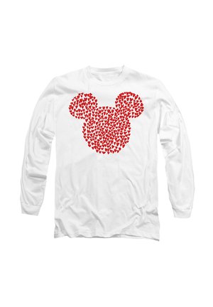 Long-sleeve white shirt with a graphic of a Mickey Mouse shape made from small red hearts, featuring round shapes and smooth texture.