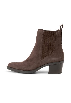 Brown suede ankle boot with a pointed toe, stacked heel, and ribbed detailing on the side. Features a pull tab for easy wear.