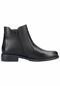 Schwarze Stiefeletten mit glatter Oberfläche und strukturiertem Seitenteil, ausgestattet mit einem Reißverschluss und einem niedrigen Blockabsatz. Keine sichtbaren Muster oder Akzente.