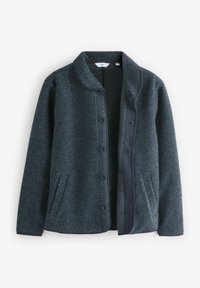 Giacca in misto lana grigio scuro con colletto, chiusura a bottoni, tasche laterali e rifiniture in contrasto blu navy lungo il pattino anteriore.