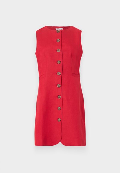 Κόκκινο αμάνικο φόρεμα με στρογγυλή λαιμόκοψη, κούμπωμα με κουμπιά στο εμπρός μέρος και δύο μικρές πλαϊνές τσέπες.