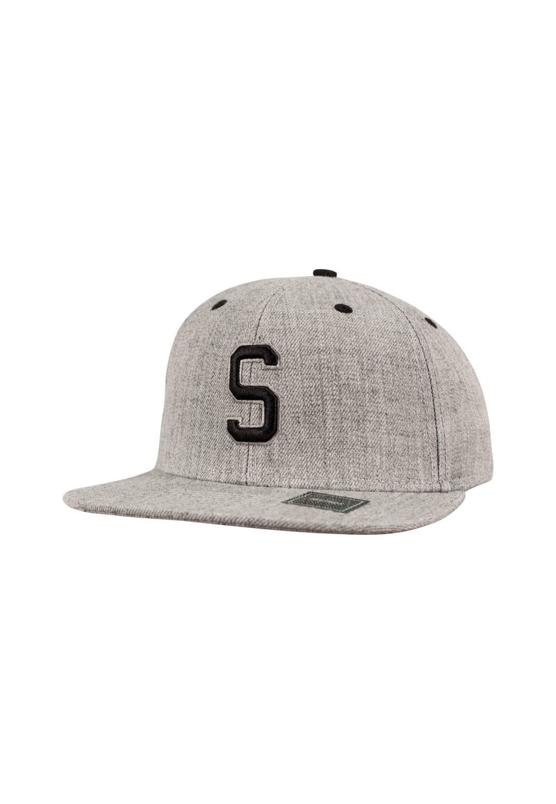 Hallukka hallapea snapback kork, mis on valmistatud tekstuuriga kangast, millel on ees must õmmeldud "S" ja lame äär.