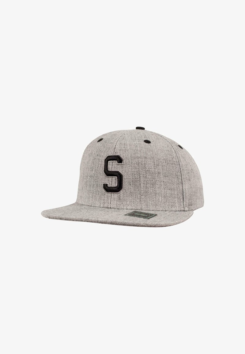 Hallukka hallapea snapback kork, mis on valmistatud tekstuuriga kangast, millel on ees must õmmeldud "S" ja lame äär.