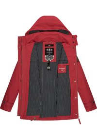 Red outer jacket with a zip and snap closure, featuring a striped fabric lining and inside pockets. Includes a logo label inside.