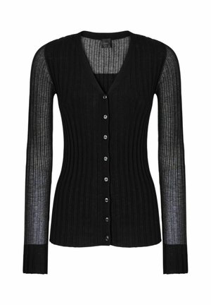 Zwarte geribbelde cardigan met knopen, lange doorschijnende mouwen en een V-hals.