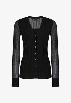 Zwarte geribbelde cardigan met knopen, lange doorschijnende mouwen en een V-hals.