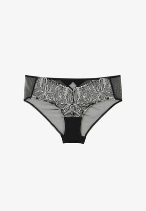 Bikini di tessuto nero con lati in rete trasparente, caratterizzato da un intricato ricamo floreale bianco sul davanti e un pannello posteriore solido.