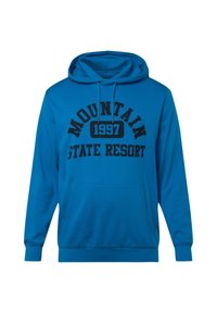 Felpa con cappuccio blu con testo grafico nero "MOUNTAIN STATE RESORT 1997." Presenta una tasca a marsupio e polsini e vita a costine.