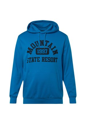 Blå hættebluse med sort grafisk tekst "MOUNTAIN STATE RESORT 1997." Har en kengurulomme og ribbede manchetter og talje.