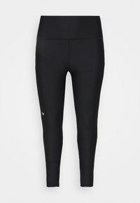 Sorte atletiske tights laget av elastisk materiale, med høy midje og logo på venstre underben. Glatt tekstur, tettsittende design.