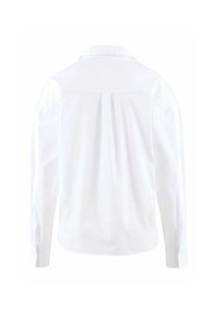 Camicia bianca a maniche lunghe, in tessuto di cotone, con colletto classico, taglio dritto e dettaglio della piega sul retro. Design semplice con polsini abbottonati.