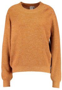 Orange stickad tröja med långa ärmar och rundad halsringning, med ett texturerat ribbat mönster och en något lös passform.