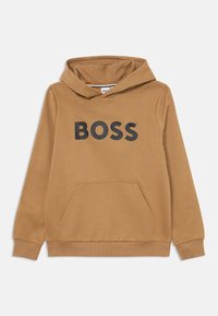 Felpa marrone con un grande logo nero "BOSS" sulla parte anteriore, tasca a canguro e cappuccio con coulisse. Tessuto morbido con polsini a coste.