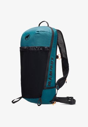 Teal and black backpack with a rounded top, mesh straps, prominent logo, and adjustable side straps. Features a front pocket with drawstring.