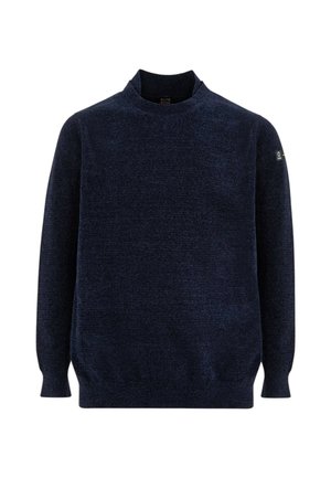 Maglione blu navy con collo alto, polsini e orlo a costine. Realizzato in tessuto a maglia strutturata, presenta un piccolo logo sulla manica.