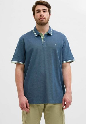 Dunkelblaues Poloshirt mit grünem Kragen, weißen Streifen Akzenten an den Ärmeln und einem kleinen Logo auf der Brust. Baumwollstoff, lockere Passform.